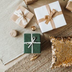 pretty gold and green wrapped gift boxes
