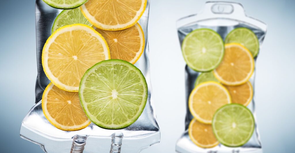 IV bags with sliced citrus in them
